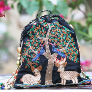 Luxury Hand Embroidered Peacock & Deer Designer Potli Bag (Premium Ethnic Clutch)