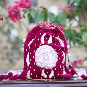 Noor Gulabi Velvet Potli with Shimmer Floral Embroidery (Designer Clutch)