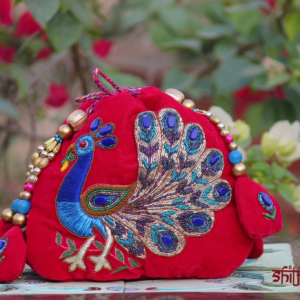 Royal Red Velvet Peacock Embroidered Potli Bag with Zari & Bead Work (Designer Ethnic Clutch)
