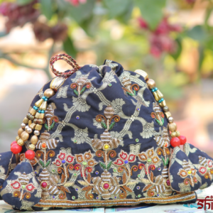 Regal Noir Ethnic Potli with Intricate Zari Floral Work & Handcrafted Bead Detailing (Luxury Ethnic Clutch)