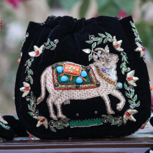 Krishna Leela Black Velvet Potli with Royal Cow Motif (Heritage Embroidered Clutch)
