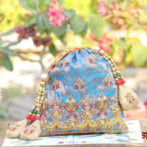 Luxury Sky Blue Brocade Embroidered Potli Bag with Zari & Multicolor Bead Tassel Work (Designer Ethnic Clutch)