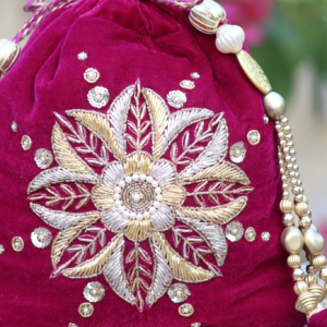 Royal Ruby Velvet Potli with Gold Zari Floral Embroidery (Luxury Ethnic Clutch)