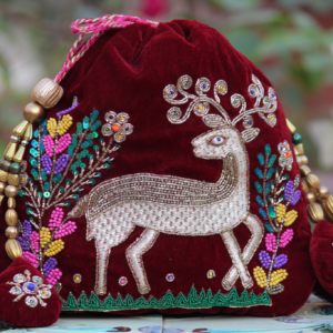 Luxury Red Velvet Deer Embroidered Potli Bag with Zari & Multicolor Bead Work (Designer Ethnic Clutch)
