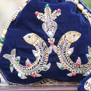Luxury Royal Blue Velvet Twin Bird Embroidered Potli Bag with Zari & Multicolor Bead Work (Designer Ethnic Clutch)