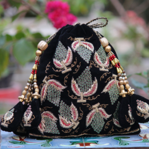Luxury Black Velvet Embroidered Potli Bag with Zari & Bead Detailing (Designer Ethnic Clutch)