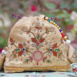 Rajsi Pushp Gold Silk Potli with Royal Floral Embroidery (Luxury Ethnic Clutch)