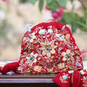 Royal Crimson Velvet Potli with Zari Bloom Embroidery (Luxury Ethnic Clutch)