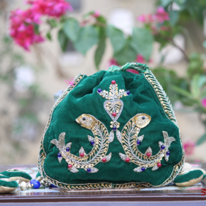 Royal Emerald Green Velvet Potli Bag with Intricate Zari Peacock Embroidery & Multicolor Stone Detailing (Luxury Ethnic Clutch)