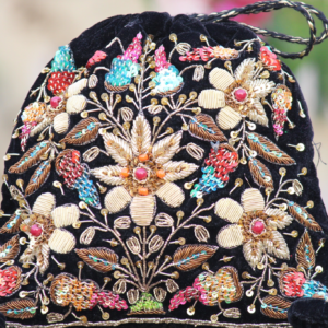 Royal Black Velvet Potli Bag with Intricate Zari Floral Embroidery & Multicolor Sequin and Bead Detailing (Luxury Ethnic Clutch)