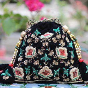 Luxury Banarasi Velvet Embroidered Potli Bag with Pearl & Stone Work (Designer Ethnic Clutch)