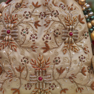 Royal Champagne Potli with Intricate Zari Floral Embroidery & Handcrafted Bead Detailing (Luxury Ethnic Clutch)
