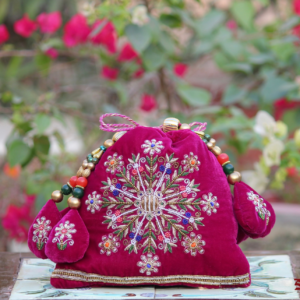 Royal Fuchsia Velvet Potli Bag with Intricate Zari Embroidery & Multicolor Bead Detailing (Luxury Ethnic Clutch)