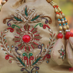 Heritage Gold Potli with Floral Sunburst Zari Design & Luxe Bead Detailing (Luxury Ethnic Clutch)