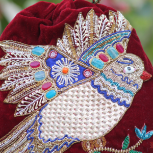 Maharani Crimson Potli with Detailed Zari Bird Embroidery & Jewel Bead Work (Designer Ethnic Clutch)