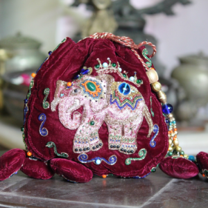 Royal Maroon Velvet Elephant Embroidered Potli Bag with Multicolor Bead & Stone Work (Designer Ethnic Clutch)