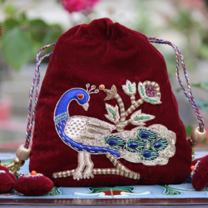 Royal Maroon Velvet Peacock Embroidered Potli Bag with Zari & Bead Work (Designer Ethnic Clutch)