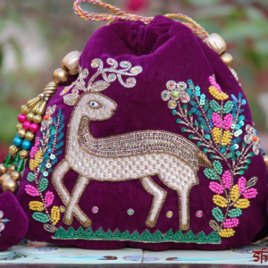 Luxury Velvet Deer Embroidered Potli Bag with Beads & Sequin Work (Handcrafted Designer Ethnic Clutch)