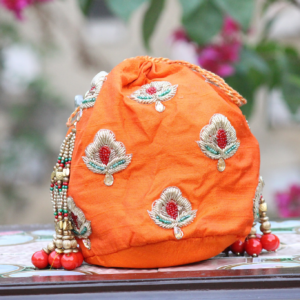 Regal Orange Silk Potli with Intricate Zari Bloom Embroidery (Luxury Ethnic Clutch)