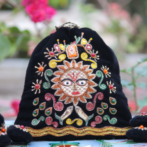 Surya Shakti Black Velvet Potli with Divine Sun Motif Embroidery (Luxury Ethnic Clutch)