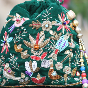 Luxury Emerald Velvet Multicolor Bird Embroidered Potli Bag with Beads & Stone Work (Designer Ethnic Clutch)
