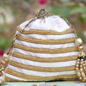Elegant Cream Fabric Potli with Antique Gold Embroidery & Pearl Bead Work (Luxury Ethnic Bag)