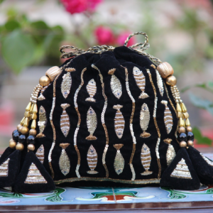 Luxury Black Velvet Deer Embroidered Potli Bag with Zari & Bead Tassel Work (Designer Ethnic Clutch)