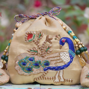 Elegant Peacock Art Silk Potli Bag with Premium Zari & Beaded Embellishments (Designer Ethnic Clutch)